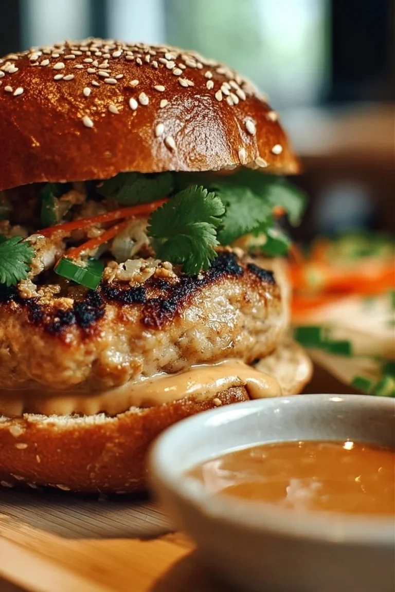 Delicious Thai Peanut Turkey Burgers served with a flavorful sauce