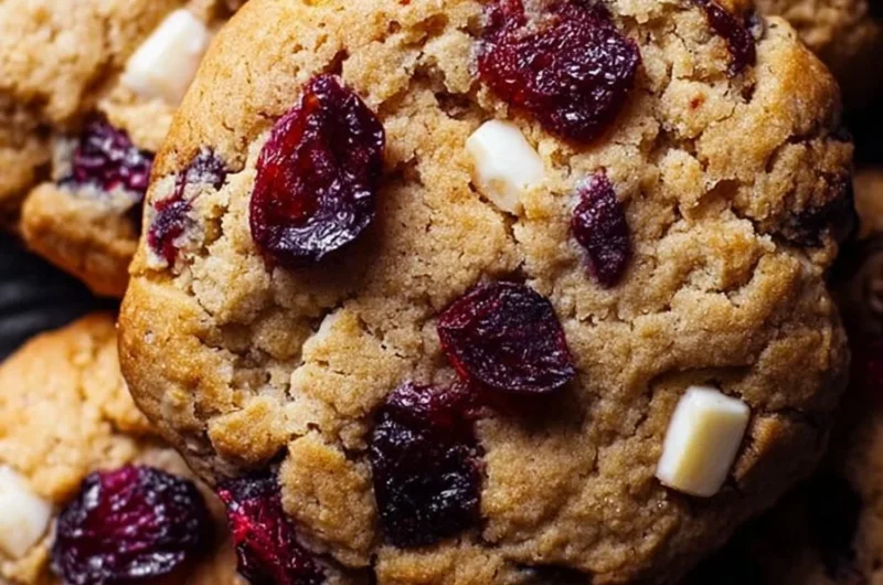 Thick and chewy cranberry cookies on a baking sheet, ready to enjoy.