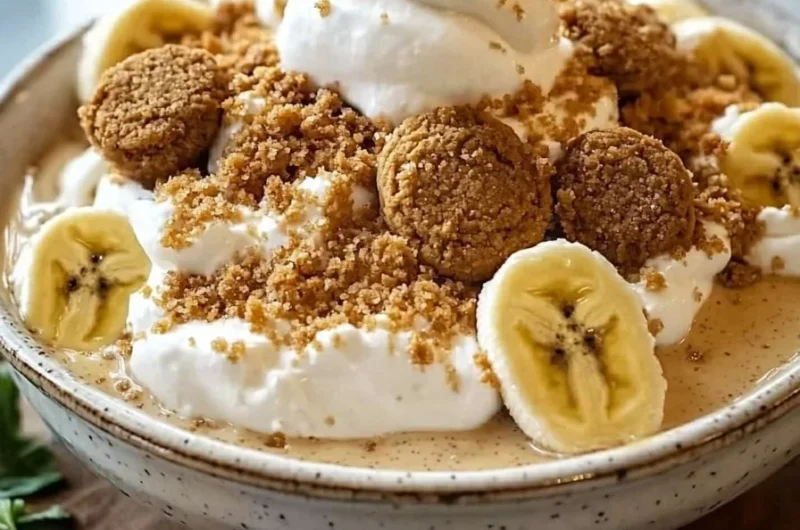 A delicious serving of Biscoff banana pudding topped with crumbled cookies