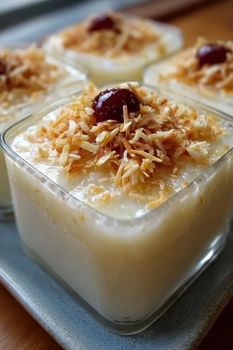 Delicious Hawaiian Coconut Pudding topped with coconut flakes and mint leaves.