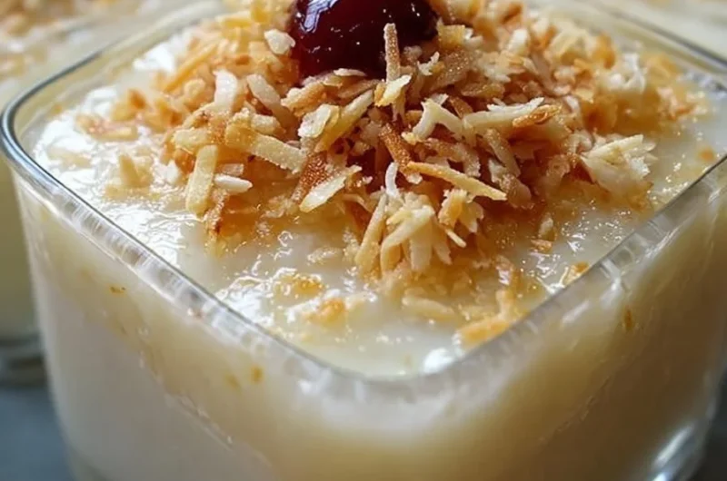 Delicious Hawaiian Coconut Pudding topped with coconut flakes and mint leaves.
