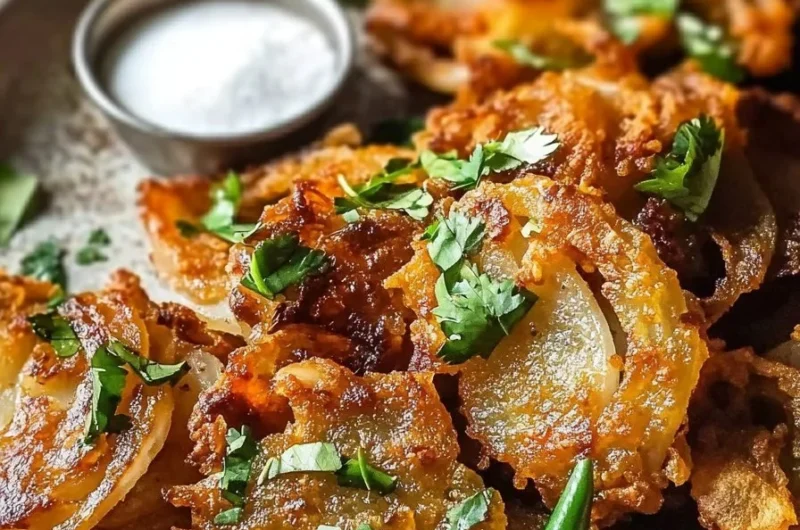 Golden crispy onion fritters served with chutney on a plate