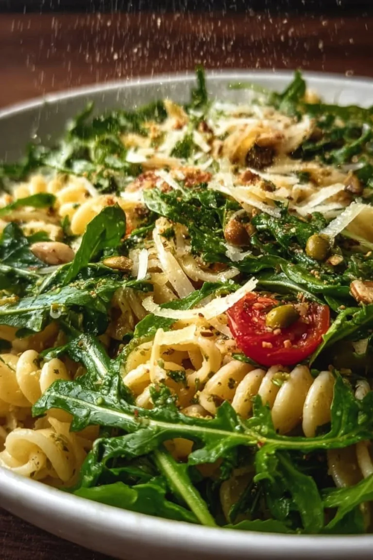 Fresh lemon arugula pasta salad with herbs and cherry tomatoes