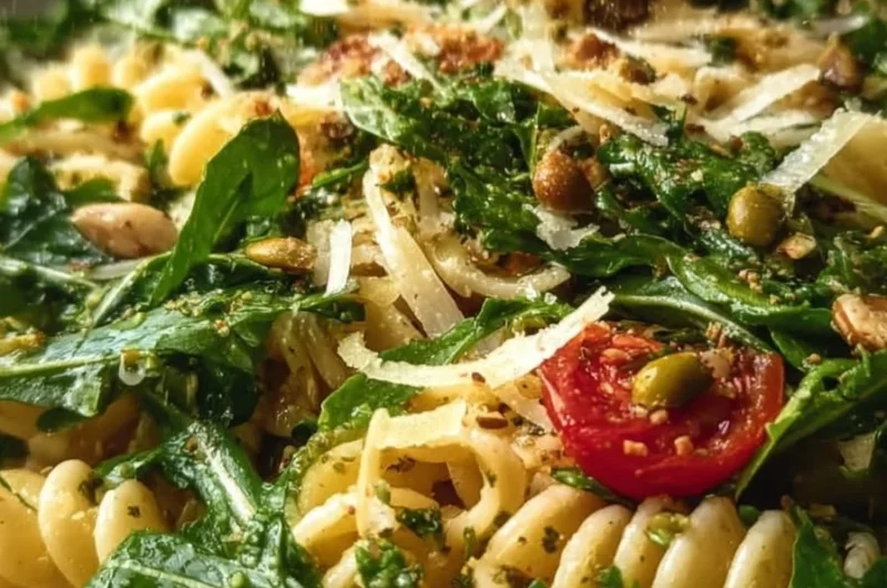 Fresh lemon arugula pasta salad with herbs and cherry tomatoes