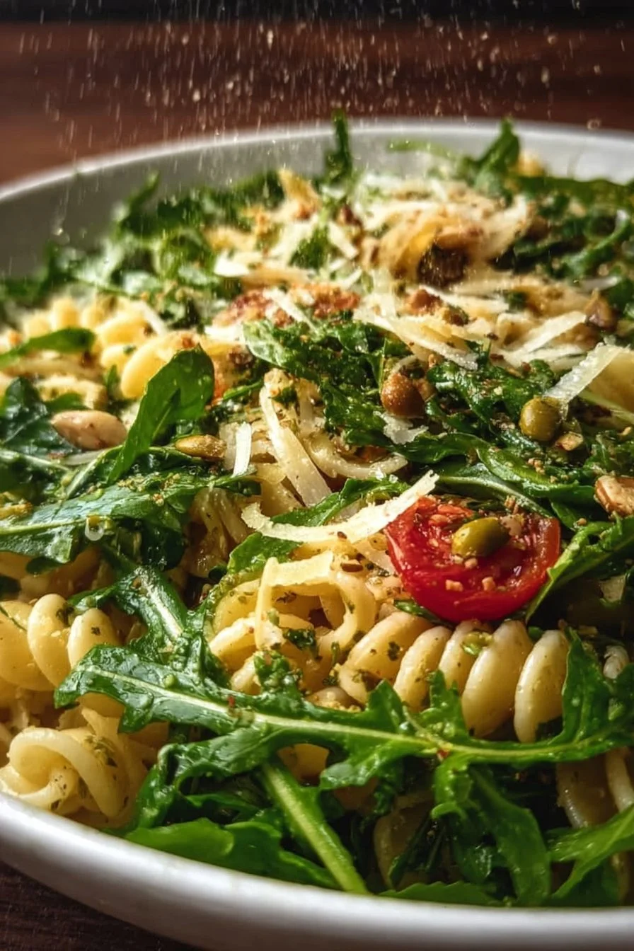 Fresh lemon arugula pasta salad with herbs and cherry tomatoes