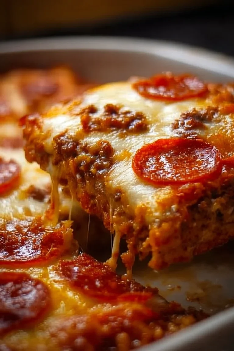 Delicious low carb pizza casserole with cheese and toppings