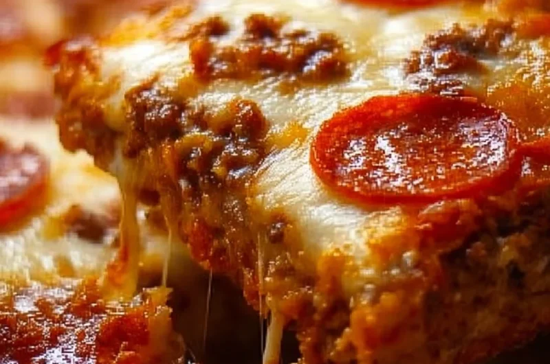 Delicious low carb pizza casserole with cheese and toppings