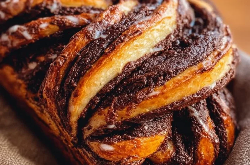 Deliciously baked sourdough chocolate babka bread on a wooden table.