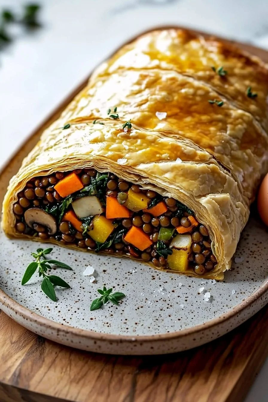 Delicious Vegetable Wellington served as a holiday main dish.