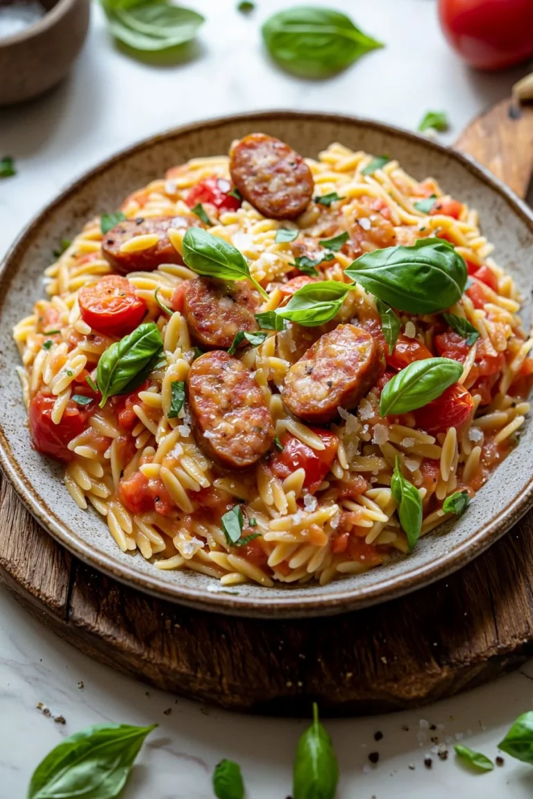 Bowl of Tomato Orzo with Chicken Sausage, garnished with herbs