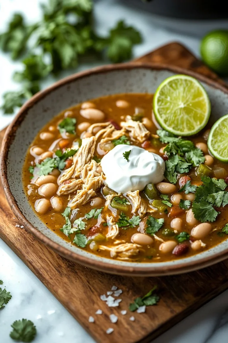 Bowl of creamy white bean chicken chili garnished with cilantro and lime