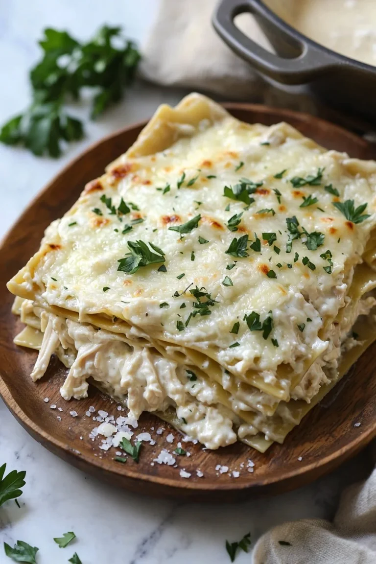Delicious White Chicken Lasagna served in a baking dish with melted cheese on top.
