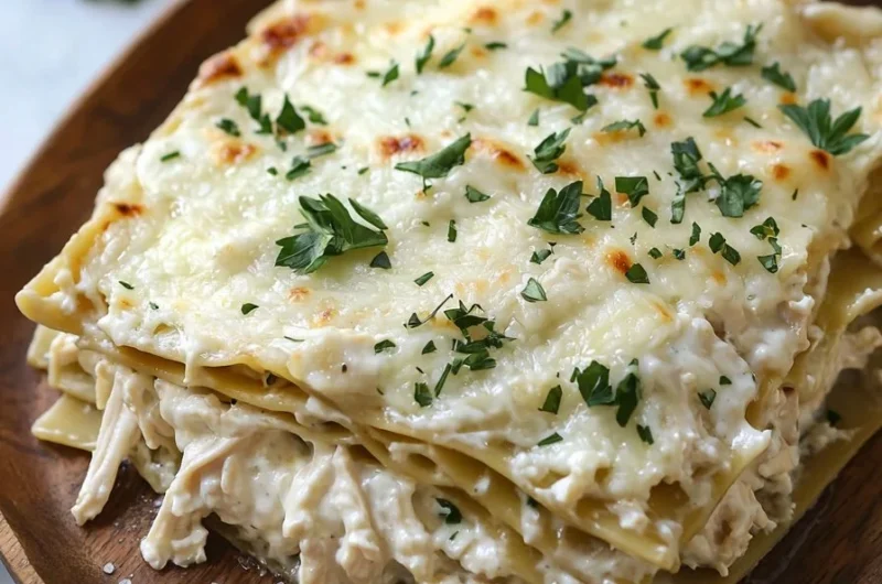 Delicious White Chicken Lasagna served in a baking dish with melted cheese on top.