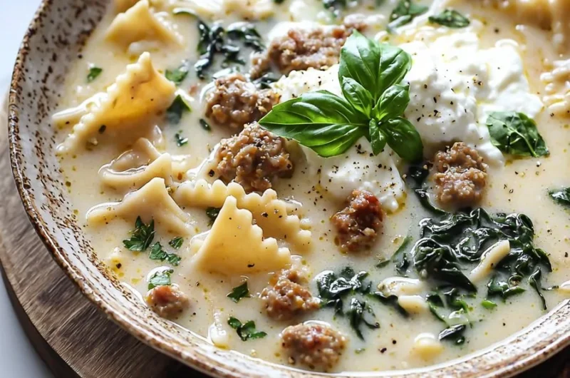 Bowl of creamy White Lasagna Soup topped with herbs and cheese
