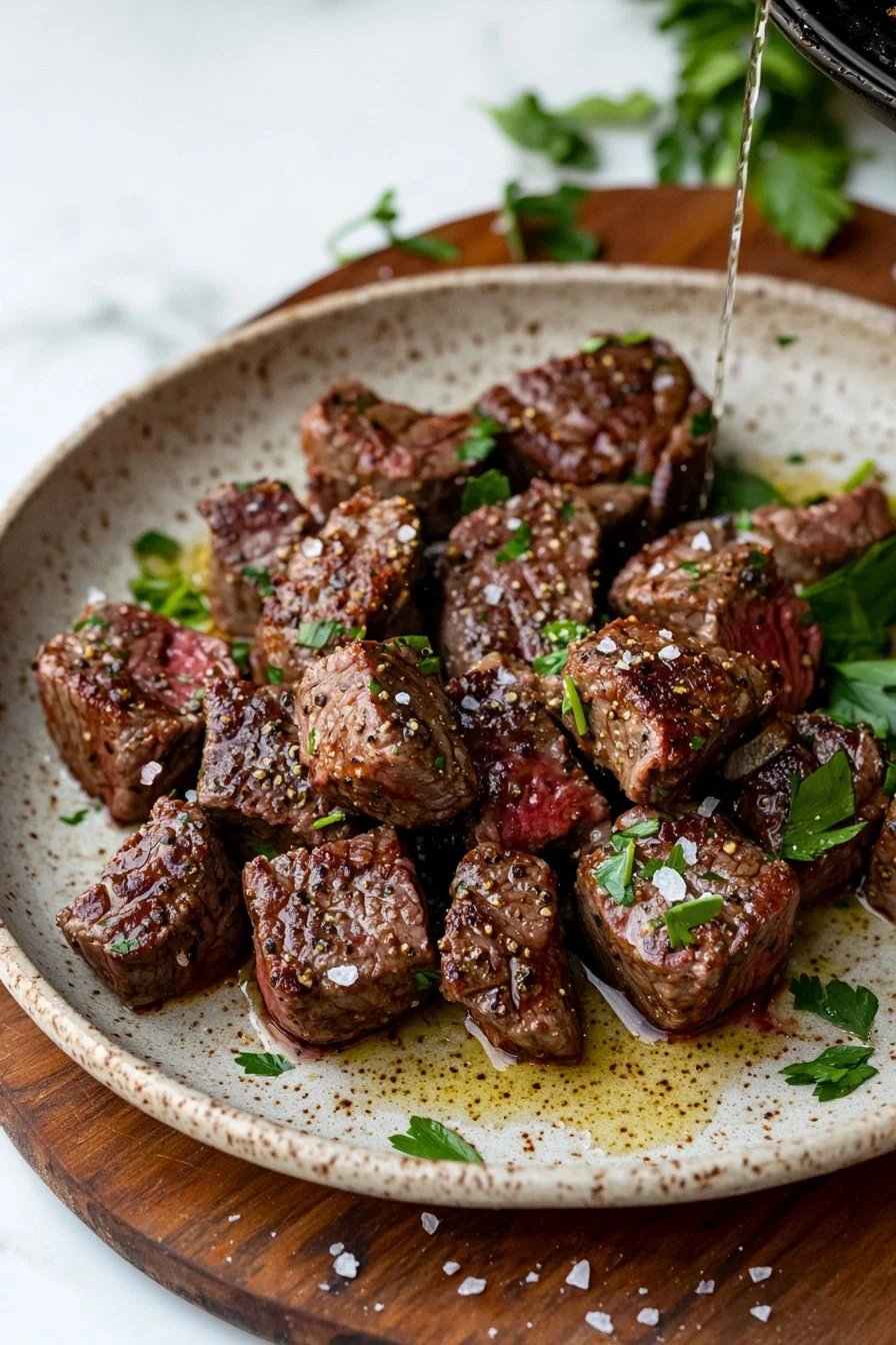 Delicious air fryer steak bites served with dipping sauce on a plate