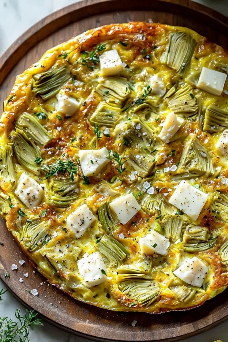 Delicious Artichoke Leek Frittata served on a plate with fresh herbs