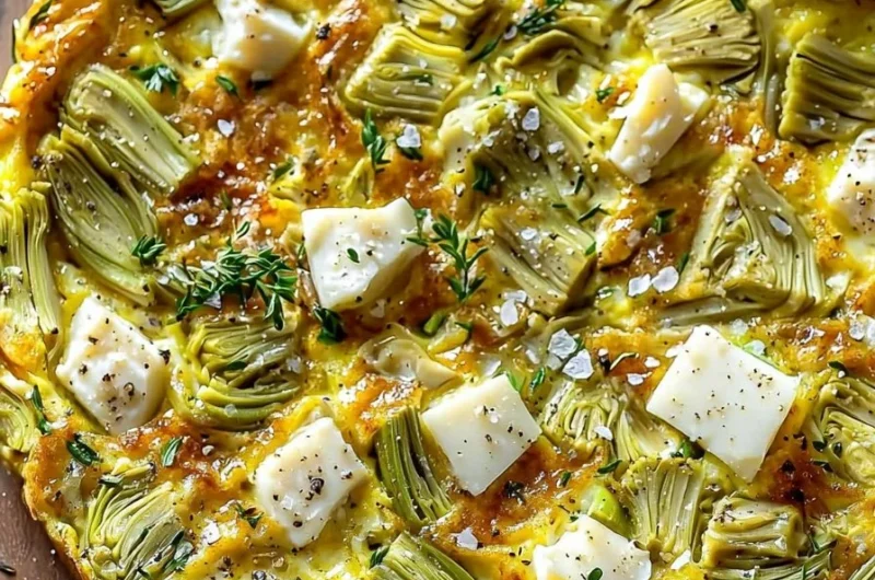 Delicious Artichoke Leek Frittata served on a plate with fresh herbs