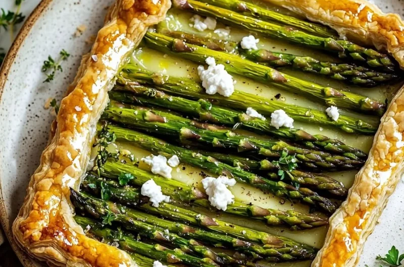 Asparagus and Goat Cheese Tart garnished with fresh herbs.