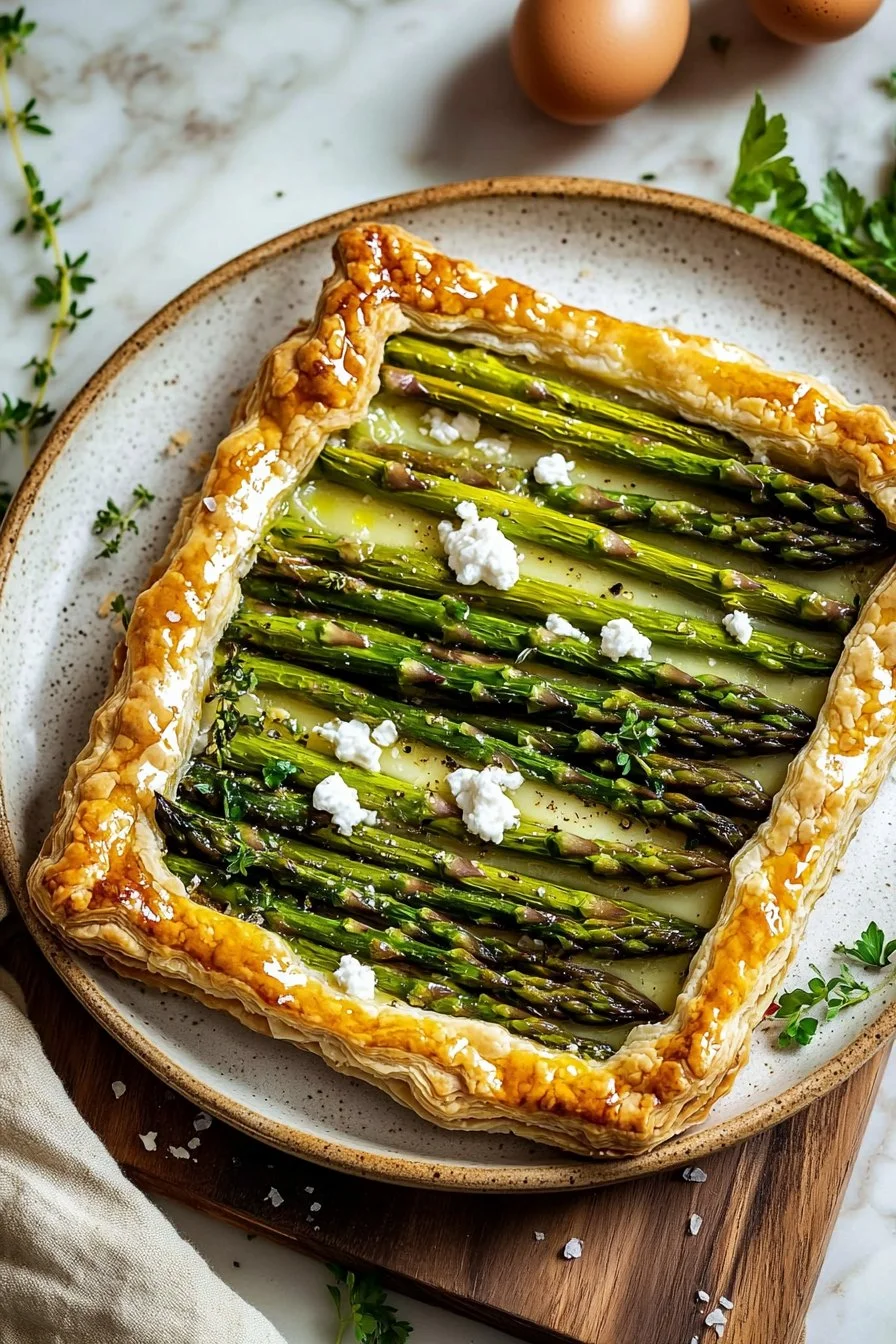 Asparagus and Goat Cheese Tart garnished with fresh herbs.