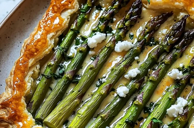 Asparagus tart with goat cheese on puff pastry, garnished with herbs.