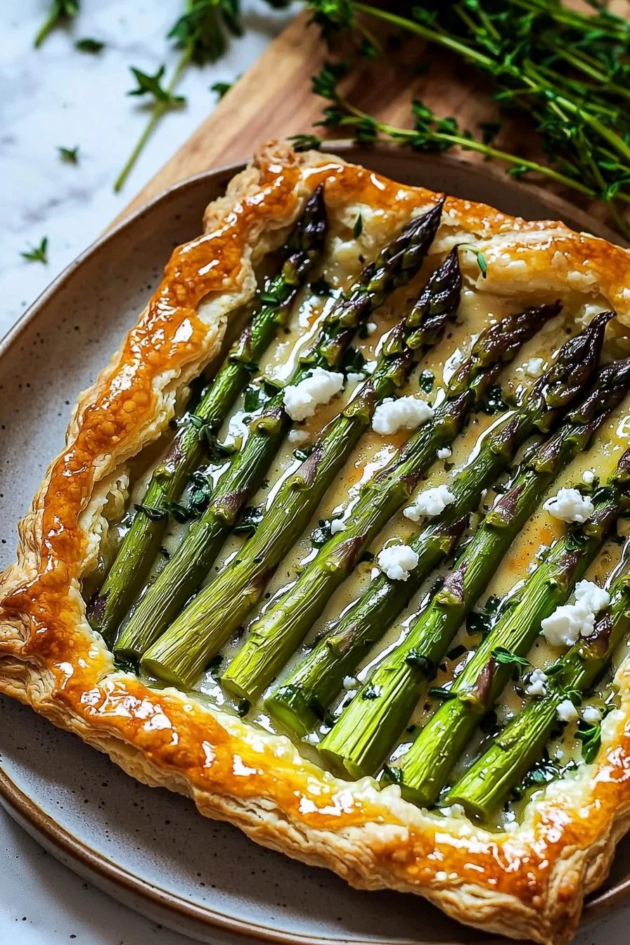 Asparagus tart with goat cheese on puff pastry, garnished with herbs.