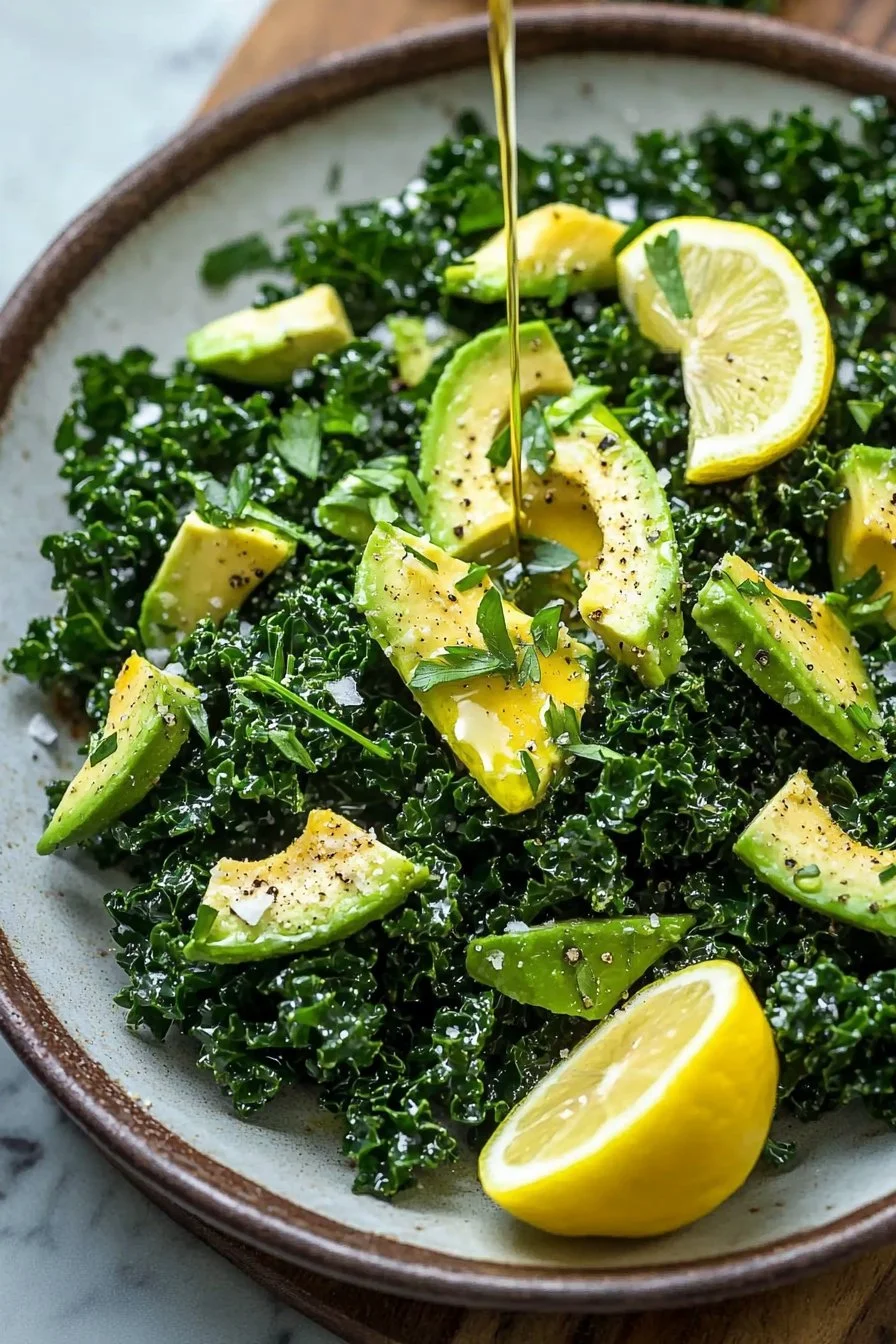 Delicious Avocado Lemon Kale Salad with fresh ingredients and lemon dressing