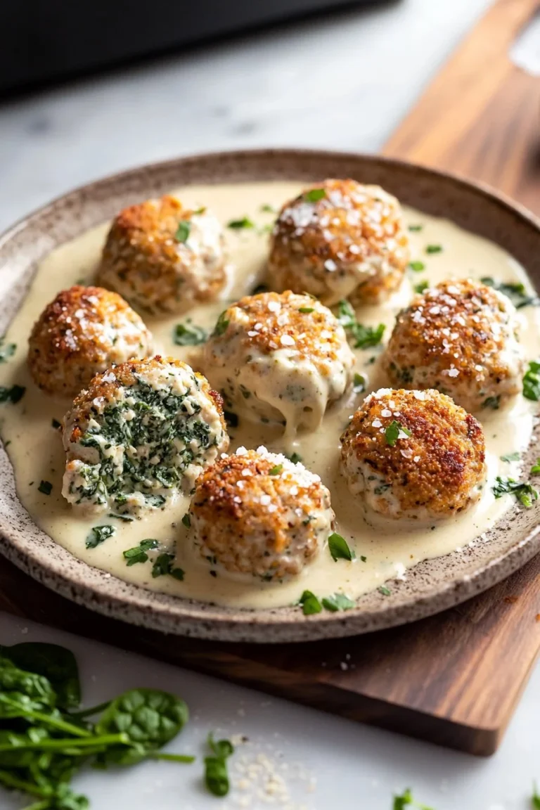 Baked chicken ricotta meatballs with spinach Alfredo sauce on a plate