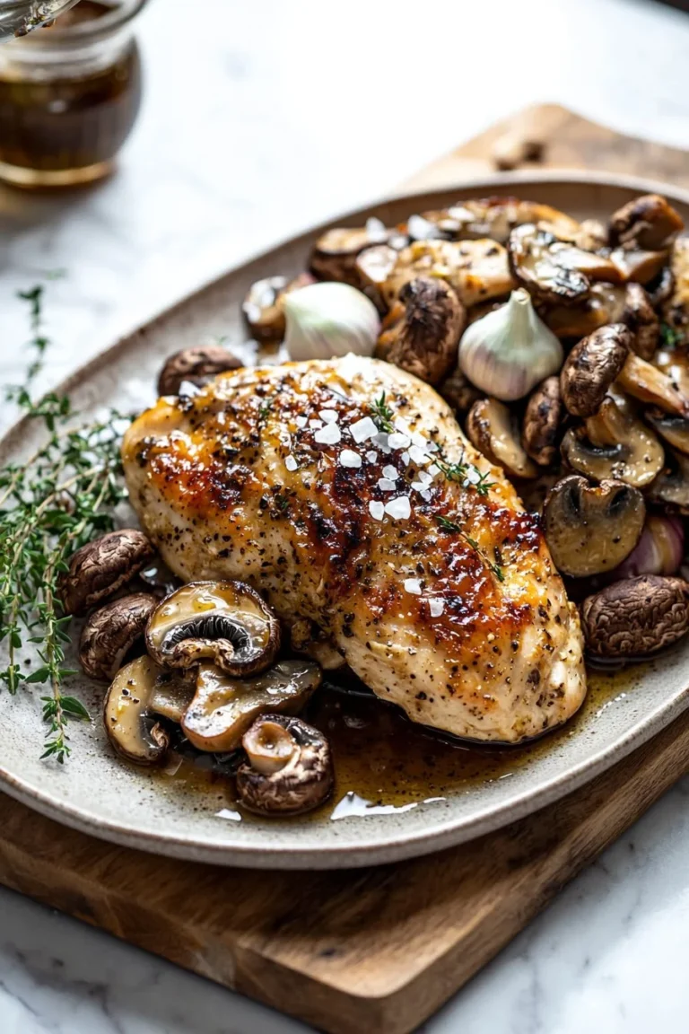 Baked chicken with mushrooms served on a plate with herbs for garnish