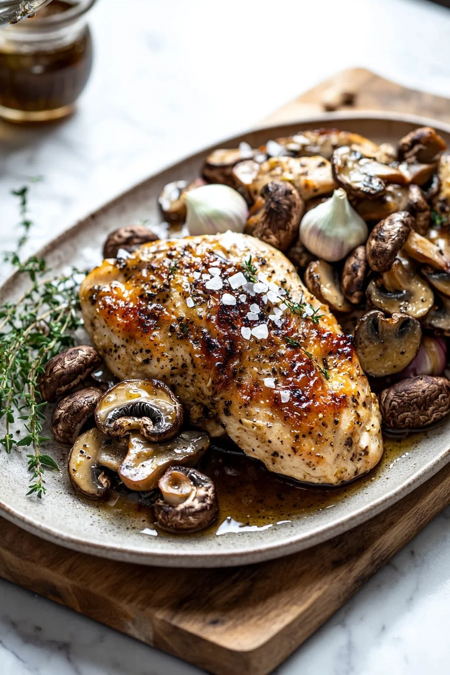 Baked chicken with mushrooms served on a plate with herbs for garnish