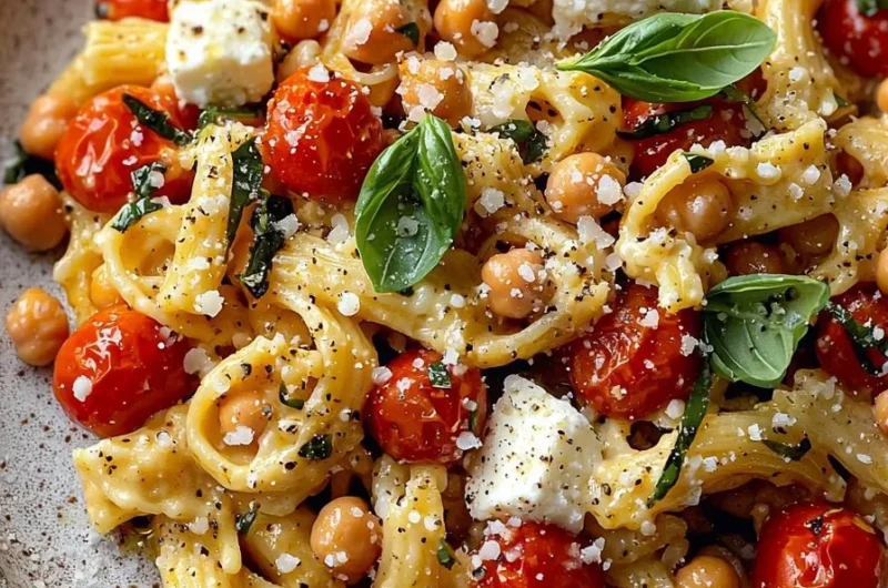 Baked feta pasta with chickpeas served in a white bowl, garnished with herbs.
