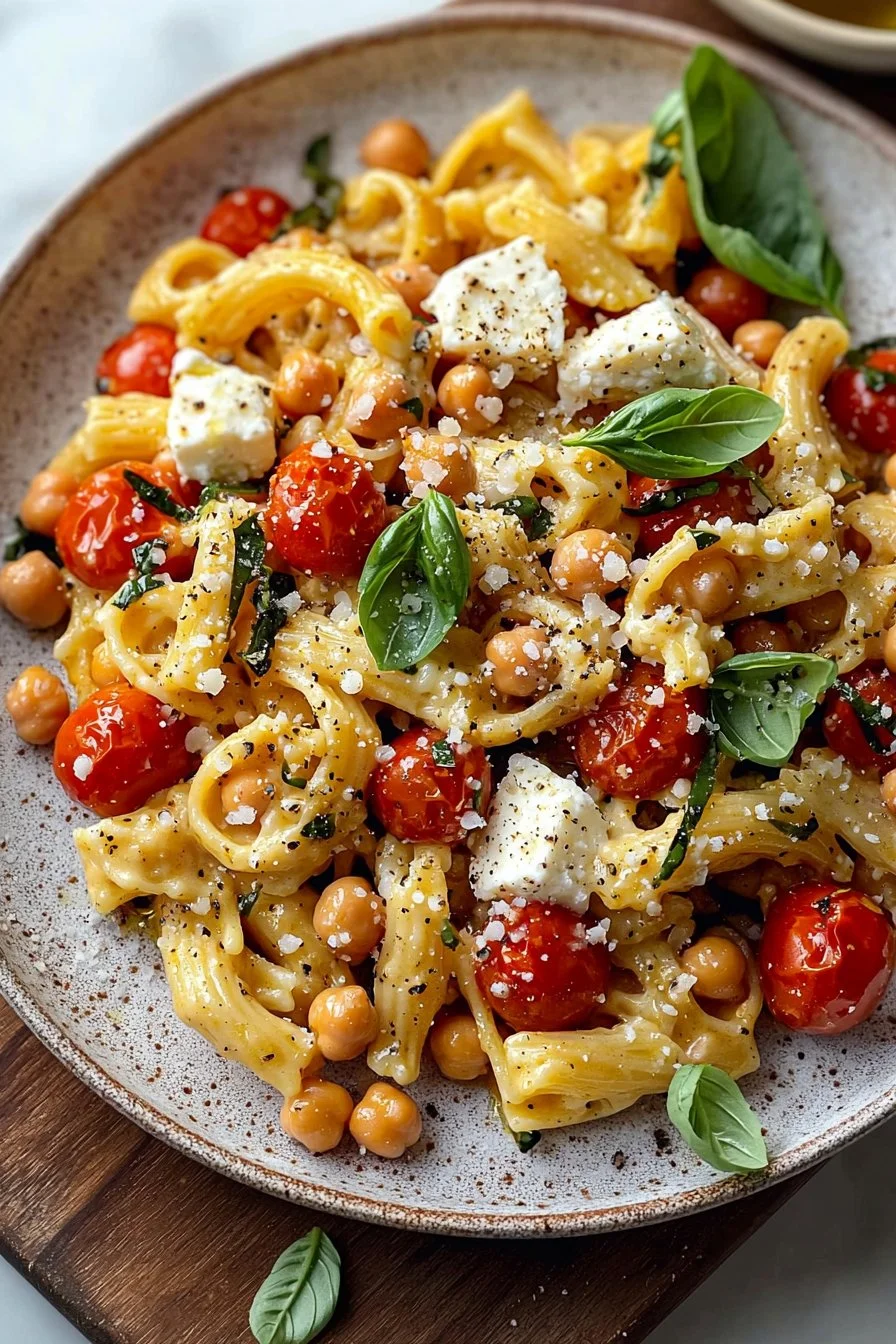 Baked feta pasta with chickpeas served in a white bowl, garnished with herbs.