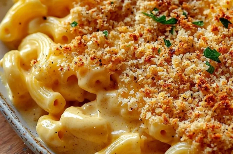 Delicious Baked Mac and Cheese topped with crispy breadcrumbs