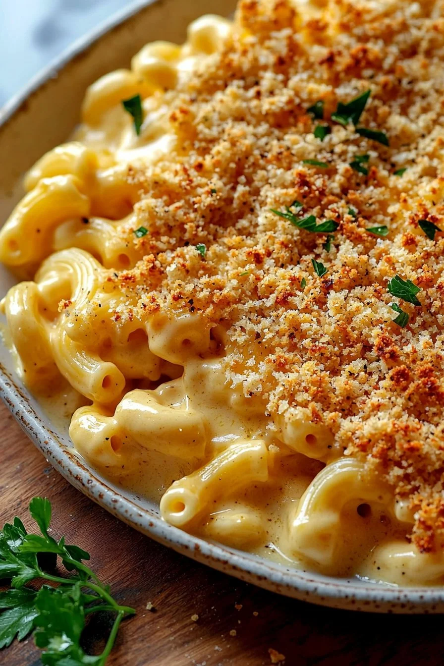 Delicious Baked Mac and Cheese topped with crispy breadcrumbs
