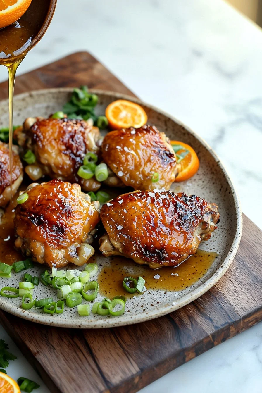 Delicious baked orange chicken served with rice and vegetables.