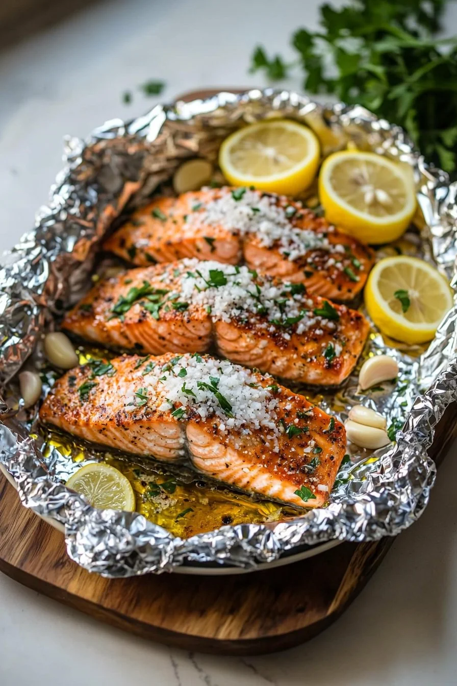 Baked Parmesan Garlic Herb Salmon in foil with herbs and spices.