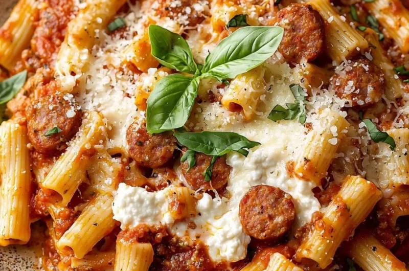 Delicious baked ziti with Italian sausage topped with melted cheese and herbs