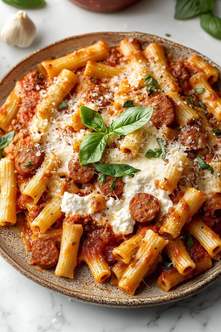 Delicious baked ziti with Italian sausage topped with melted cheese and herbs