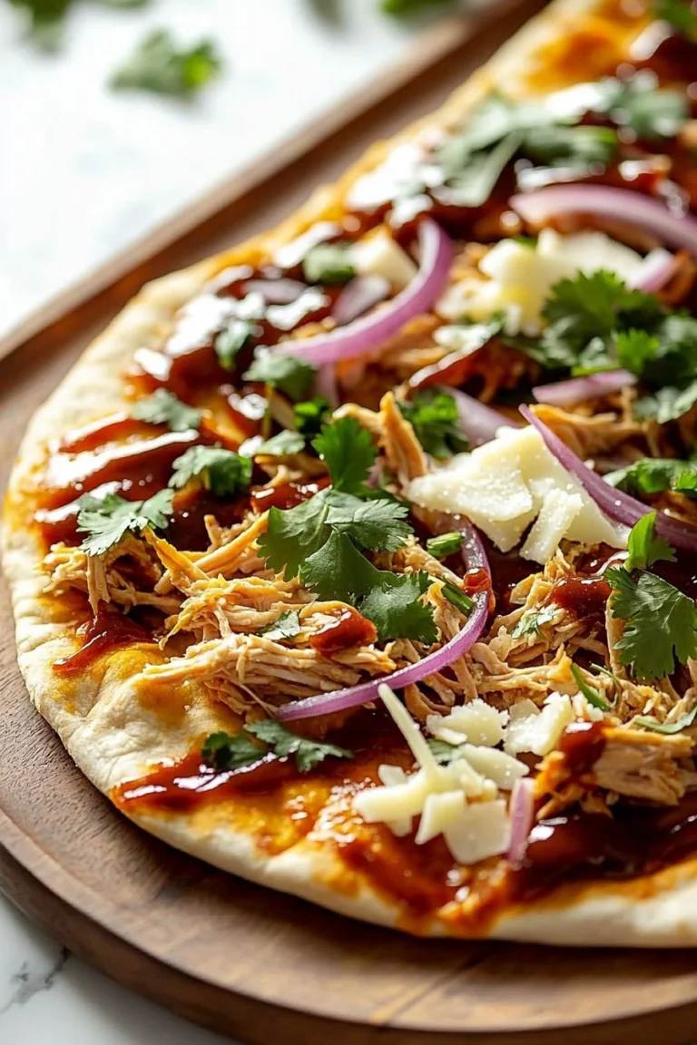 BBQ chicken flatbread topped with fresh ingredients and drizzled with barbecue sauce