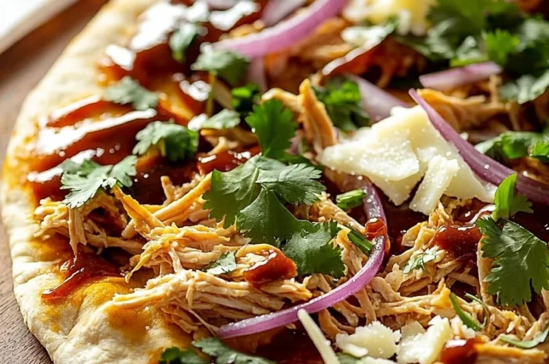 BBQ chicken flatbread topped with fresh ingredients and drizzled with barbecue sauce