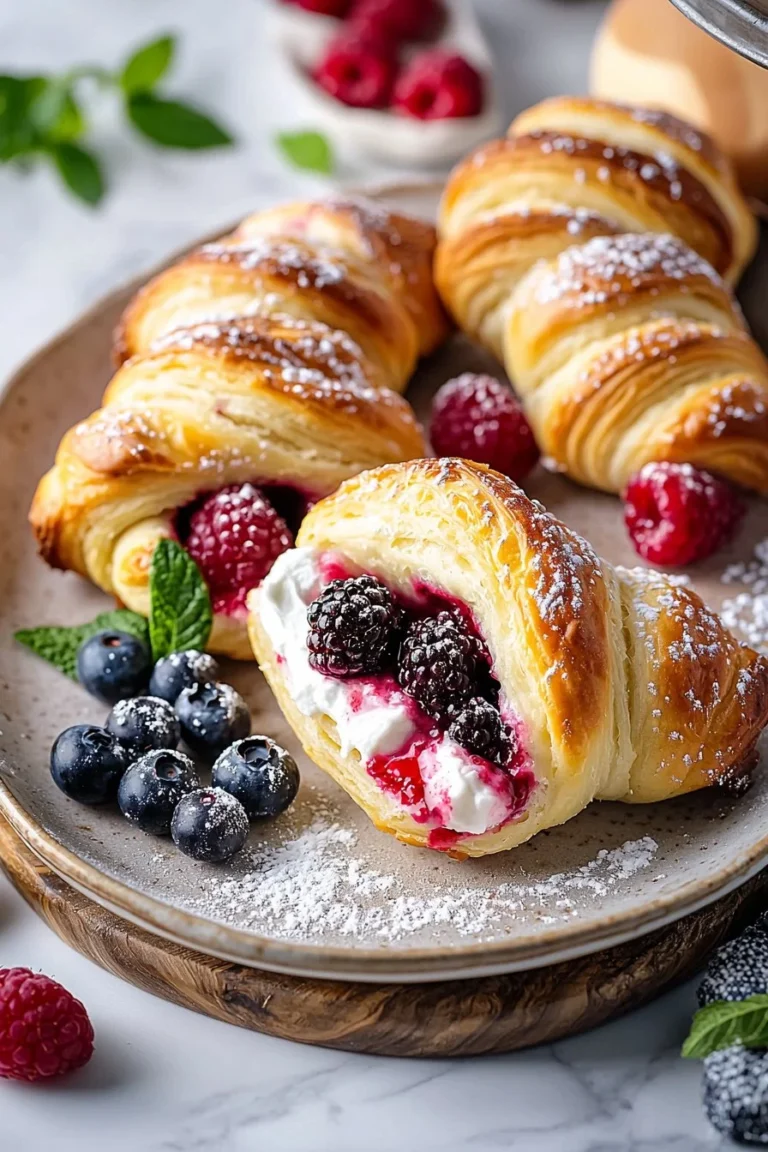 Berry cream cheese stuffed crescent rolls baked to golden perfection.