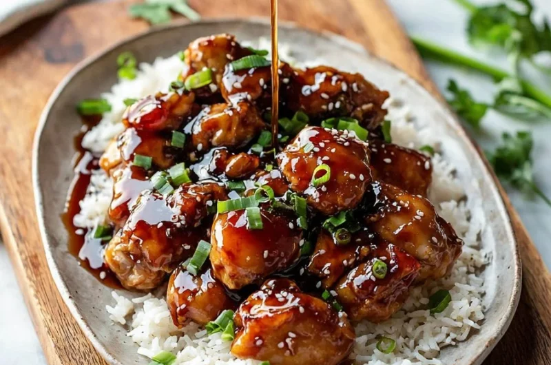 Delicious bourbon chicken served on a plate with vegetables