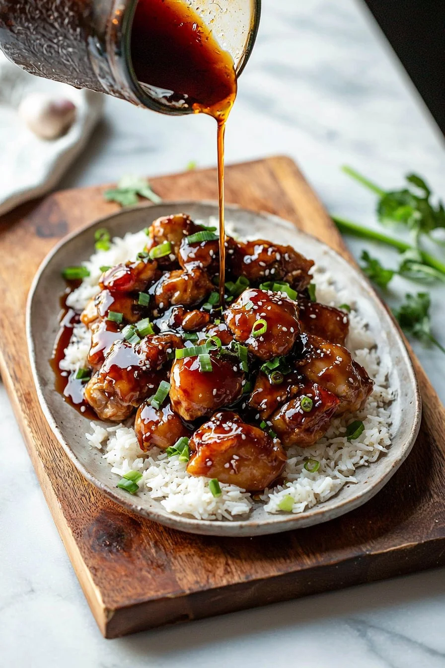 Delicious bourbon chicken served on a plate with vegetables