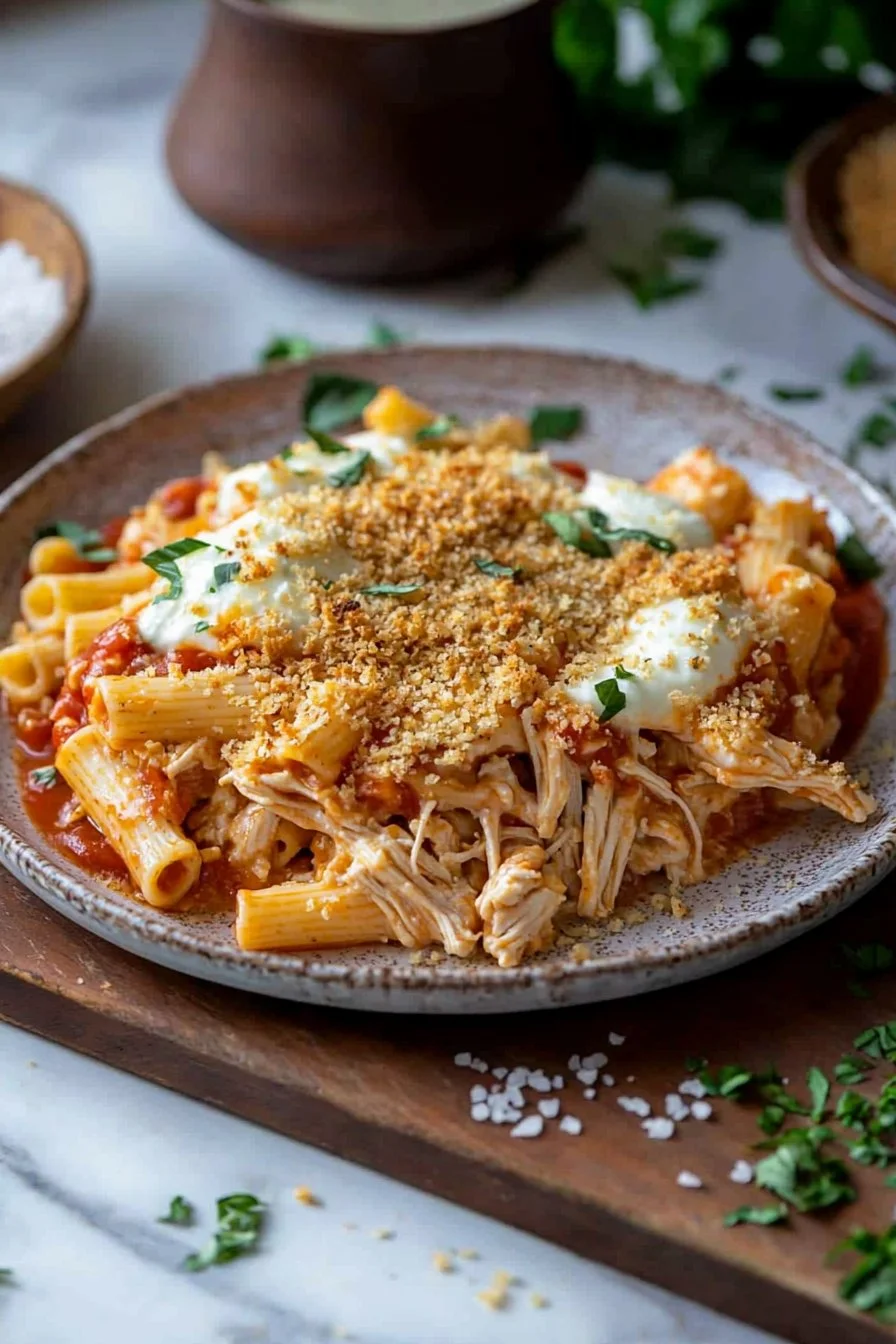 Delicious chicken parmesan casserole topped with melted cheese and marinara sauce