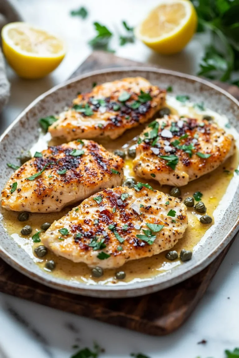 Delicious plate of Chicken Piccata drizzled with lemon and caper sauce.