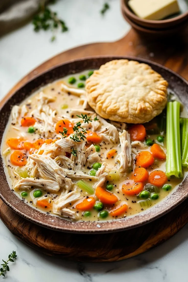 Bowl of chicken pot pie soup garnished with herbs and a flaky crust