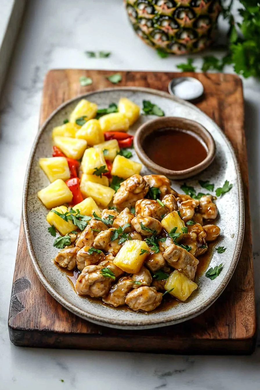 Delicious pineapple chicken served on a plate with colorful vegetables.