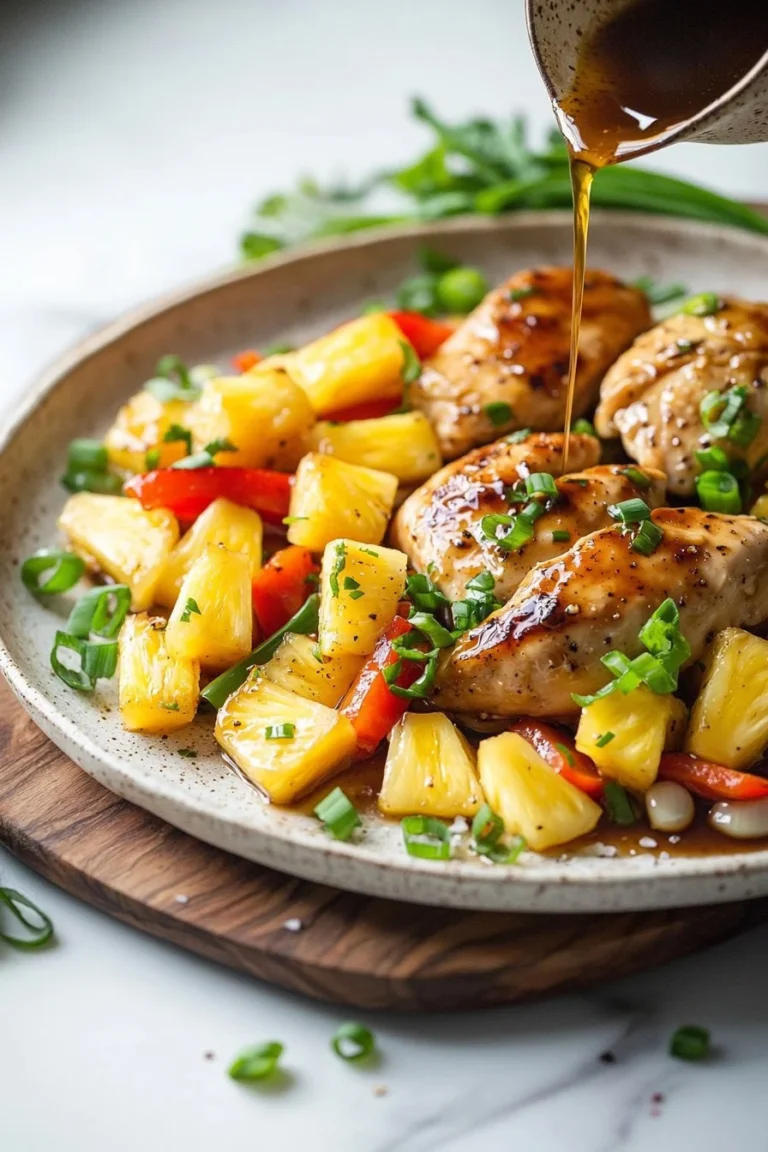 Delicious homemade pineapple chicken served with vibrant vegetables