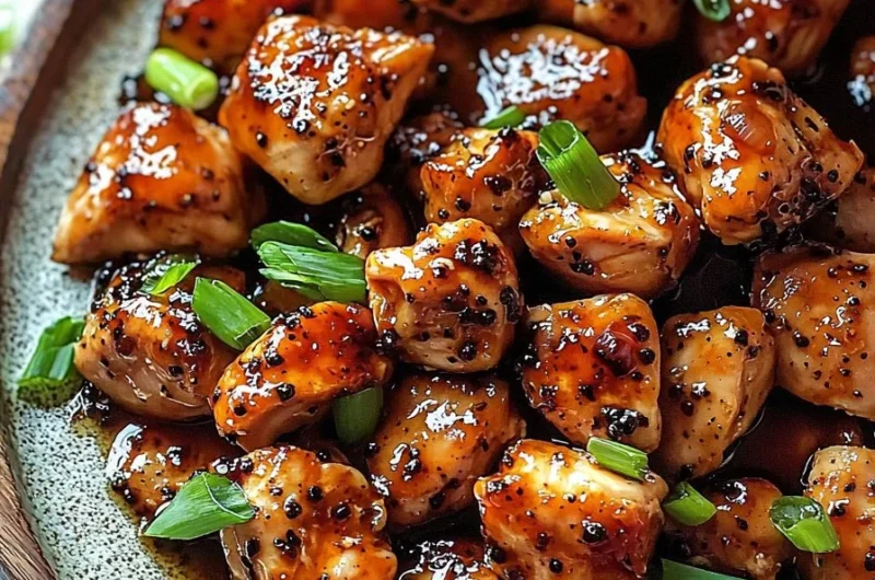 Delicious black pepper chicken served with vegetables and rice