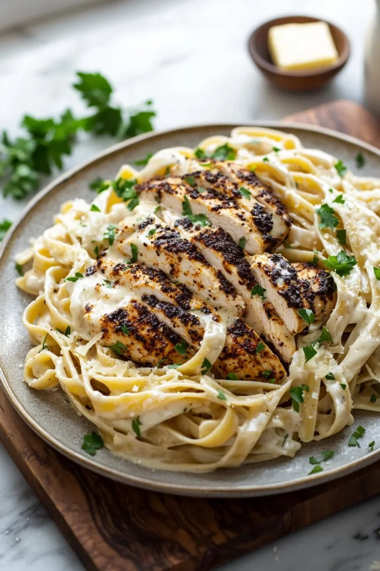 Delicious Blackened Chicken Alfredo dish with creamy sauce and seasoned chicken.