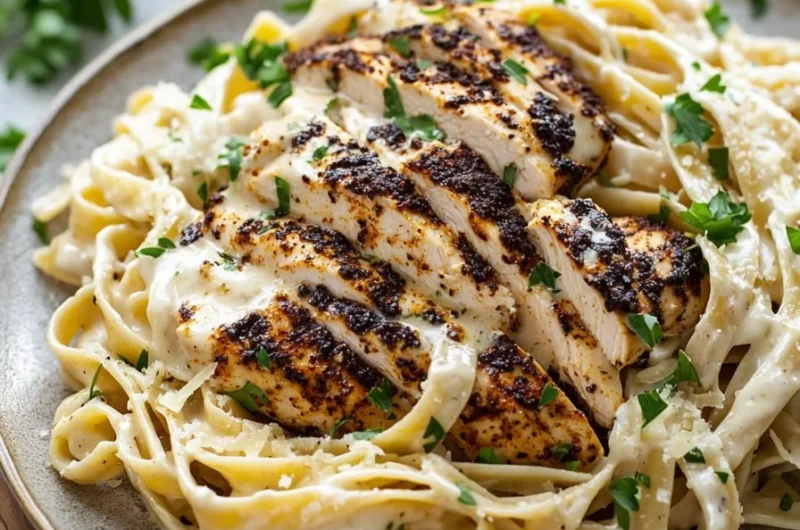Delicious Blackened Chicken Alfredo dish with creamy sauce and seasoned chicken.